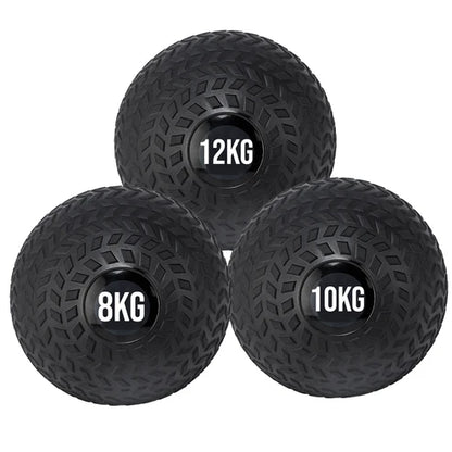 Four black slam balls with labeled weights on a white background