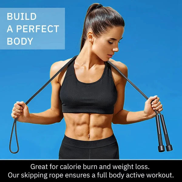 Woman using a skipping rope with text about calorie burn and weight loss on a blue background