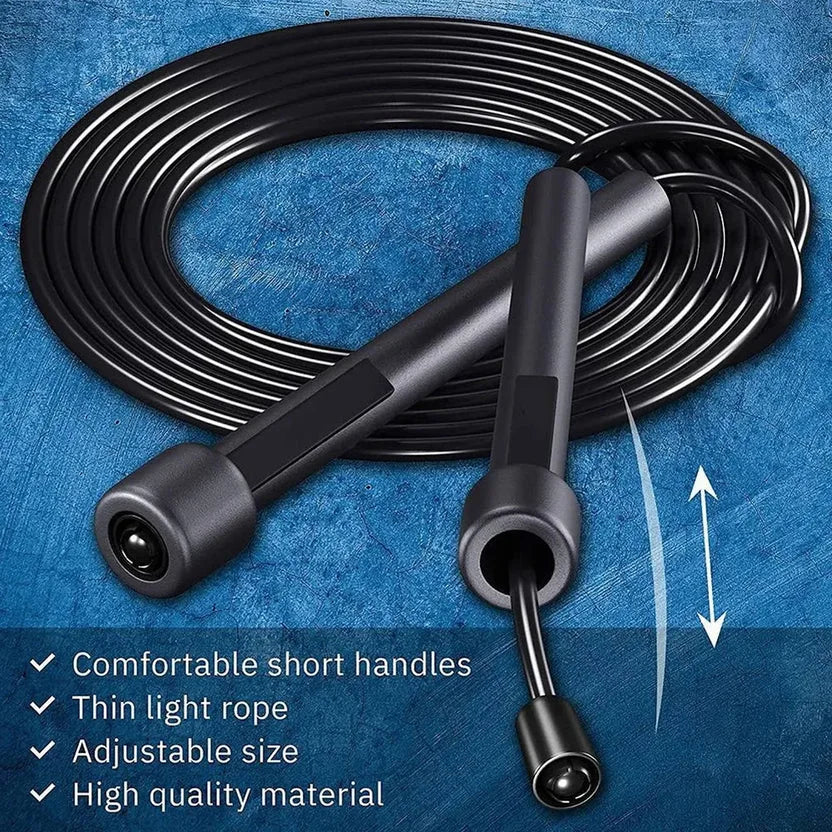 Black jump rope with adjustable handles on a blue textured background