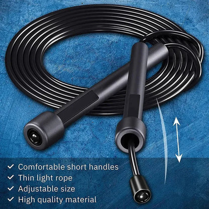 Black jump rope with adjustable handles on a blue textured background