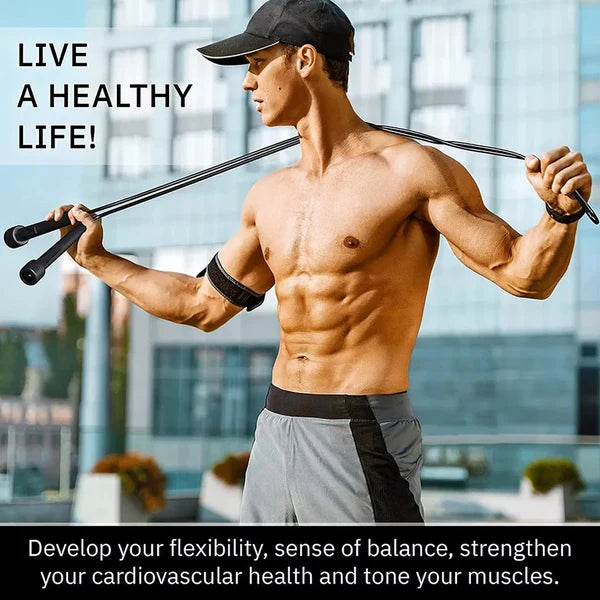 Muscular man holding resistance bands with text about a healthy lifestyle.