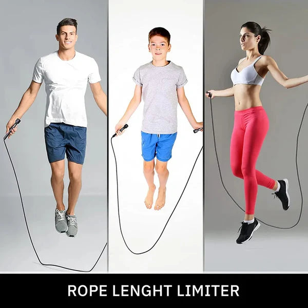 Three people using a jump rope with a rope length limiter on a gray background.