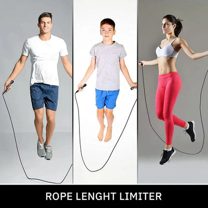 Three people using a jump rope with a rope length limiter on a gray background.
