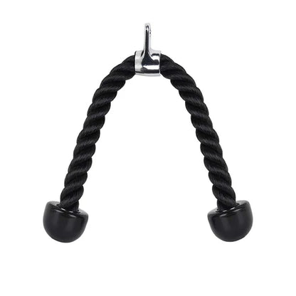 Black rope exercise handle with metal clip on a white background