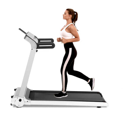Woman running on a treadmill against a white background