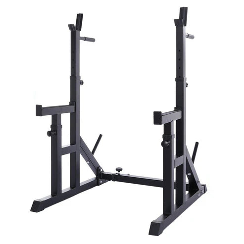 Black metal squat rack on a white background