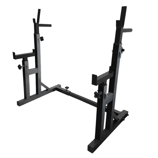 Black metal squat rack on a white background