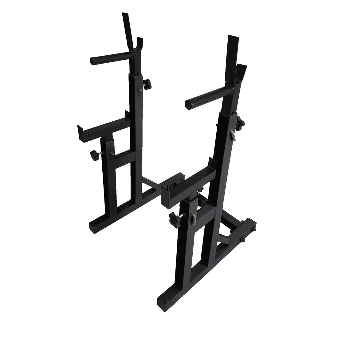 Black metal squat rack on a white background