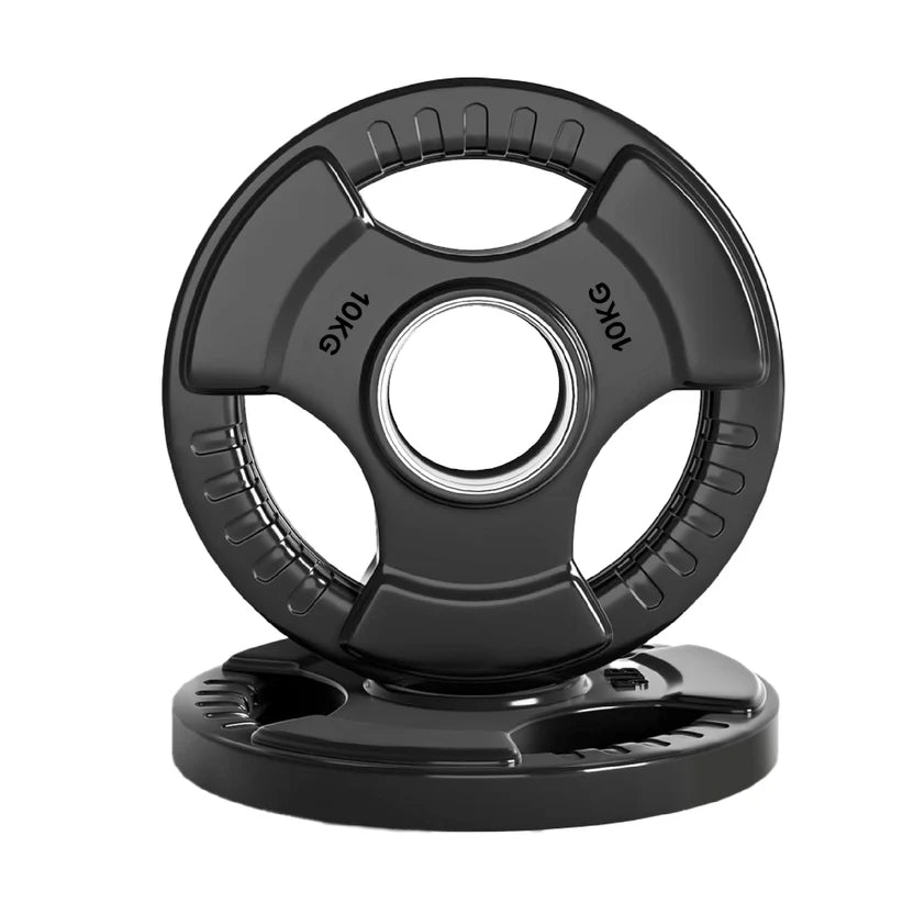 Black weight plate with '10KG' marking on a white background