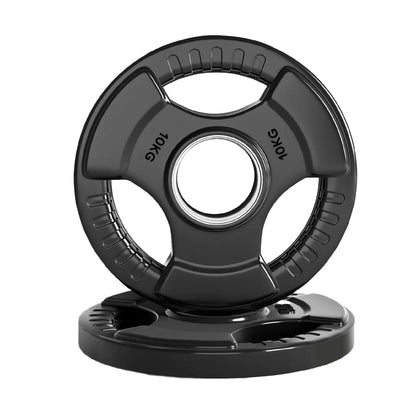 Black weight plate with '10KG' marking on a white background