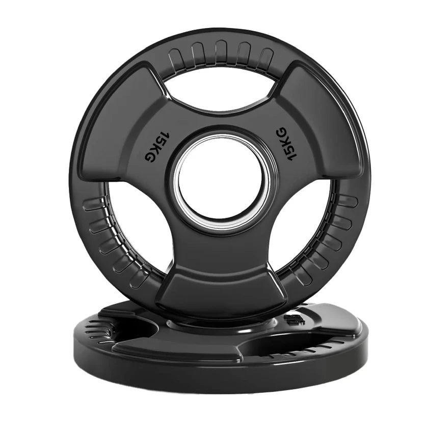 Black weight plate with '15KG' marking on a white background