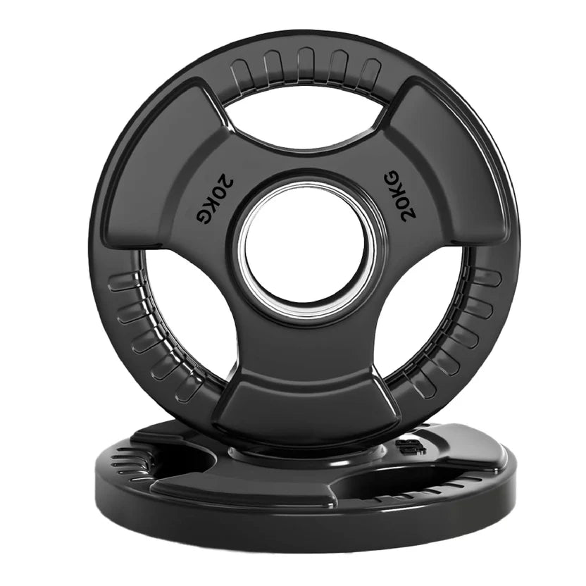 Black weight plate with '25KG' marking on a white background