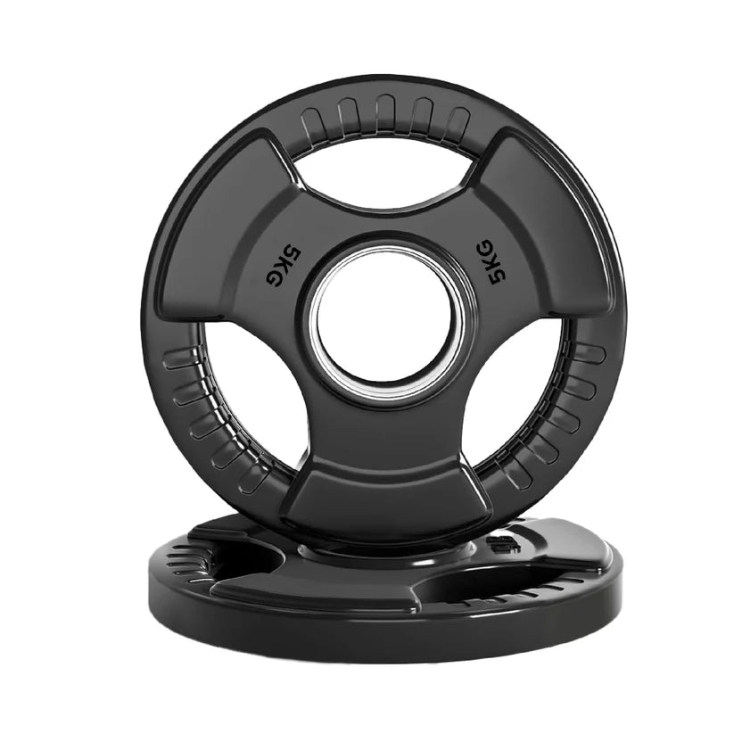 Black weight plate with '5KG' marking on a white background