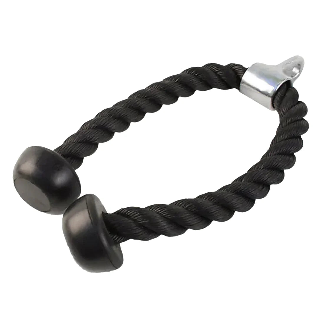 Black dog toy with metal ends on a white background