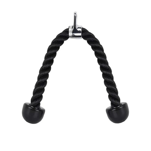 Black rope exercise handle with metal clip on a white background