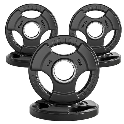 Tri-Grip Olympic Weight Plates – Black Rubber-Coated Cast Iron with 2" Hole – Ergonomic & Durable – Ideal for Strength Training, CrossFit & Home Gyms
