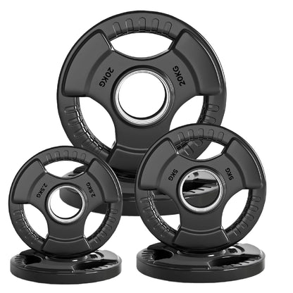 Tri-Grip Olympic Weight Plates – Black Rubber-Coated Cast Iron with 2" Hole – Ergonomic & Durable – Ideal for Strength Training, CrossFit & Home Gyms