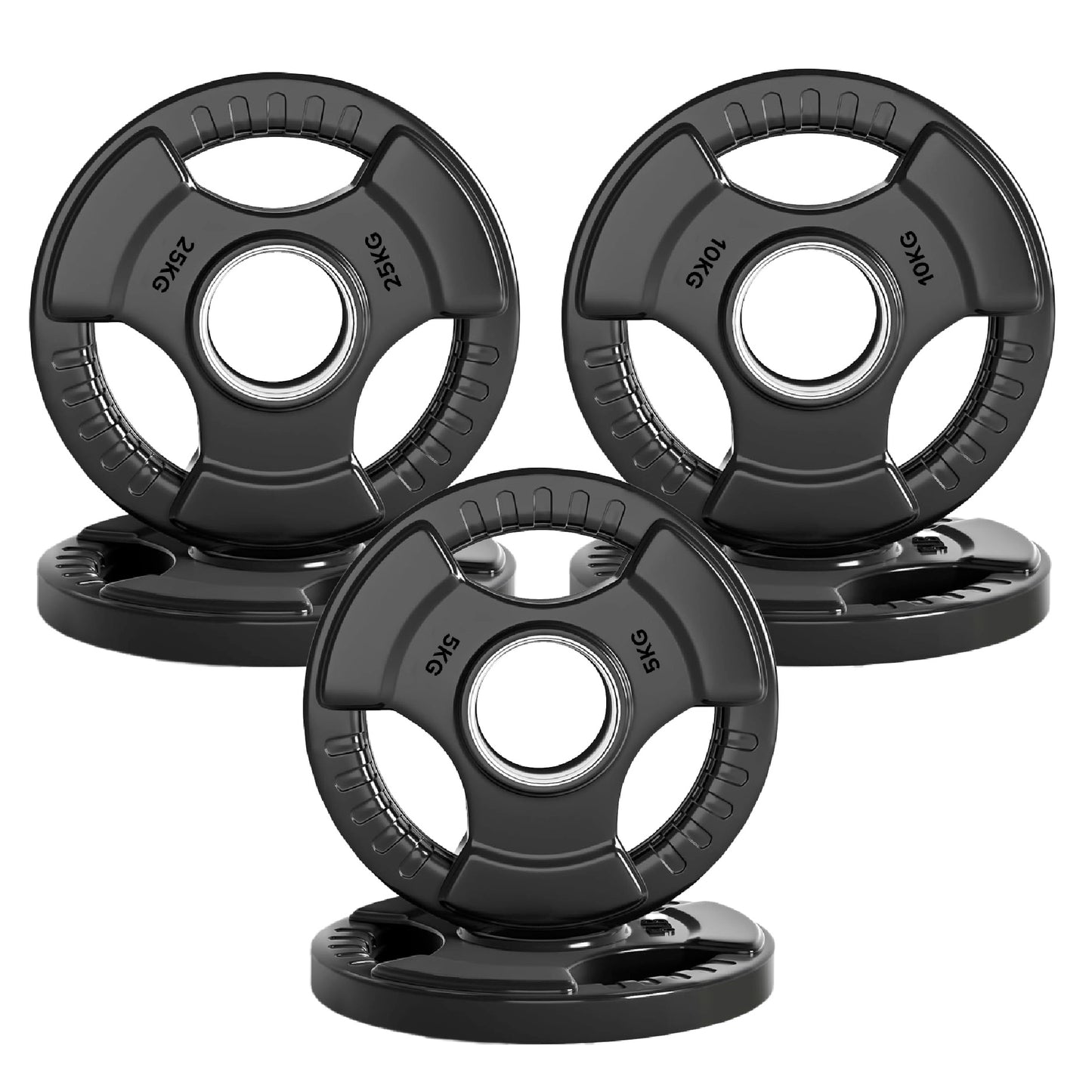 Tri-Grip Olympic Weight Plates – Black Rubber-Coated Cast Iron with 2" Hole – Ergonomic & Durable – Ideal for Strength Training, CrossFit & Home Gyms
