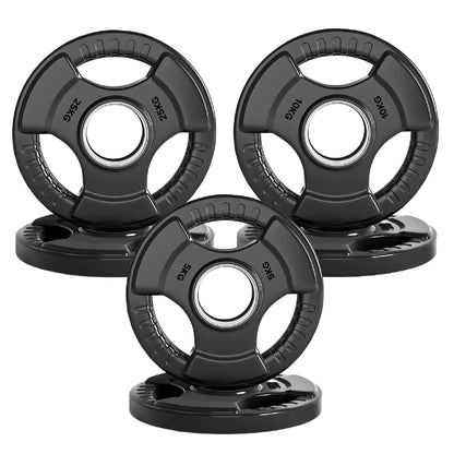 Tri-Grip Olympic Weight Plates – Black Rubber-Coated Cast Iron with 2" Hole – Ergonomic & Durable – Ideal for Strength Training, CrossFit & Home Gyms