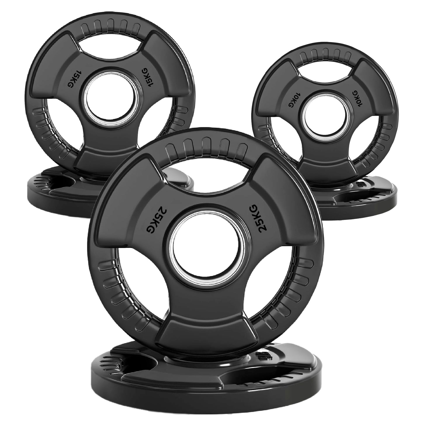 Tri-Grip Olympic Weight Plates – Black Rubber-Coated Cast Iron with 2" Hole – Ergonomic & Durable – Ideal for Strength Training, CrossFit & Home Gyms
