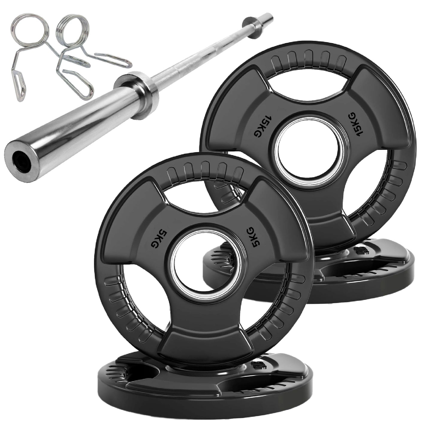 Tri-Grip Olympic Weight Plates – Black Rubber-Coated Cast Iron with 2" Hole – Ergonomic & Durable – Ideal for Strength Training, CrossFit & Home Gyms