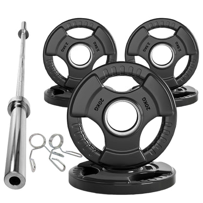 Tri-Grip Olympic Weight Plates – Black Rubber-Coated Cast Iron with 2" Hole – Ergonomic & Durable – Ideal for Strength Training, CrossFit & Home Gyms