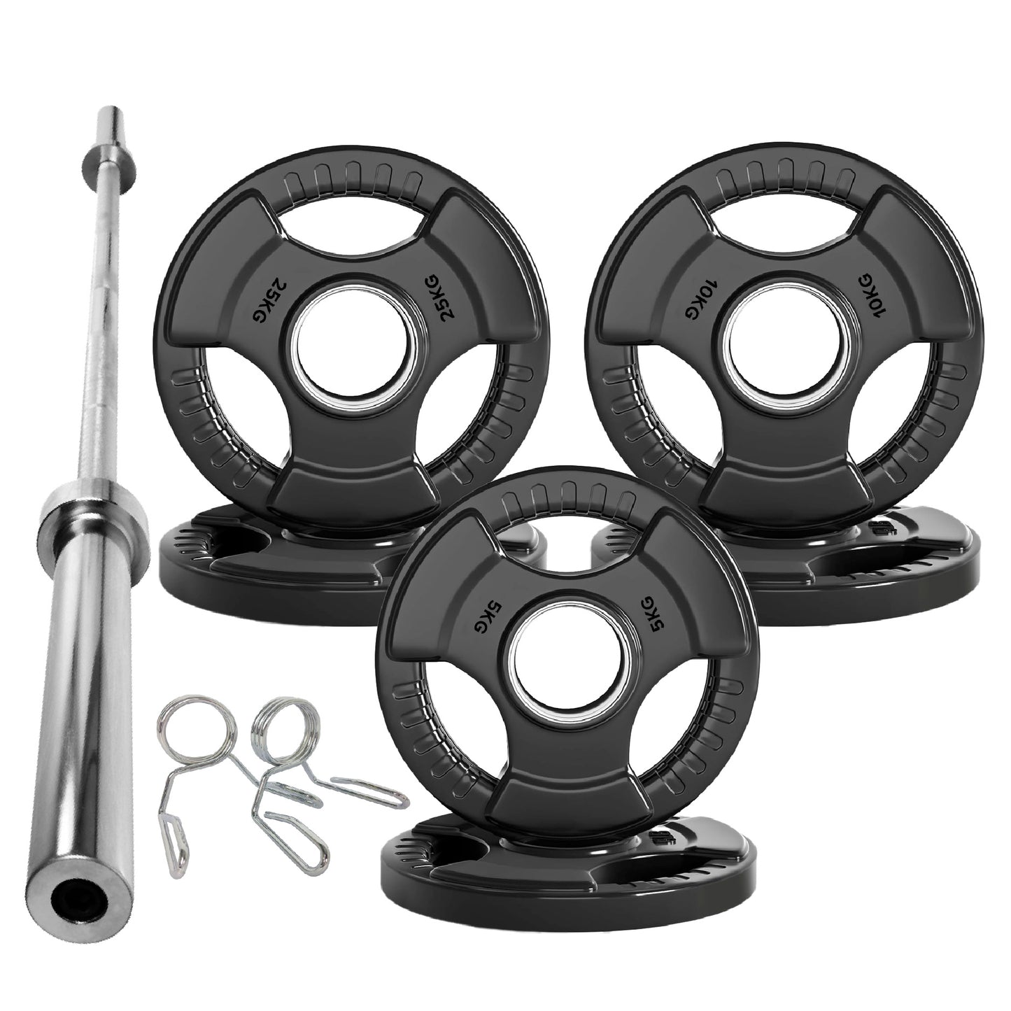 Tri-Grip Olympic Weight Plates – Black Rubber-Coated Cast Iron with 2" Hole – Ergonomic & Durable – Ideal for Strength Training, CrossFit & Home Gyms
