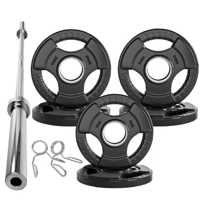 Tri-Grip Olympic Weight Plates – Black Rubber-Coated Cast Iron with 2" Hole – Ergonomic & Durable – Ideal for Strength Training, CrossFit & Home Gyms