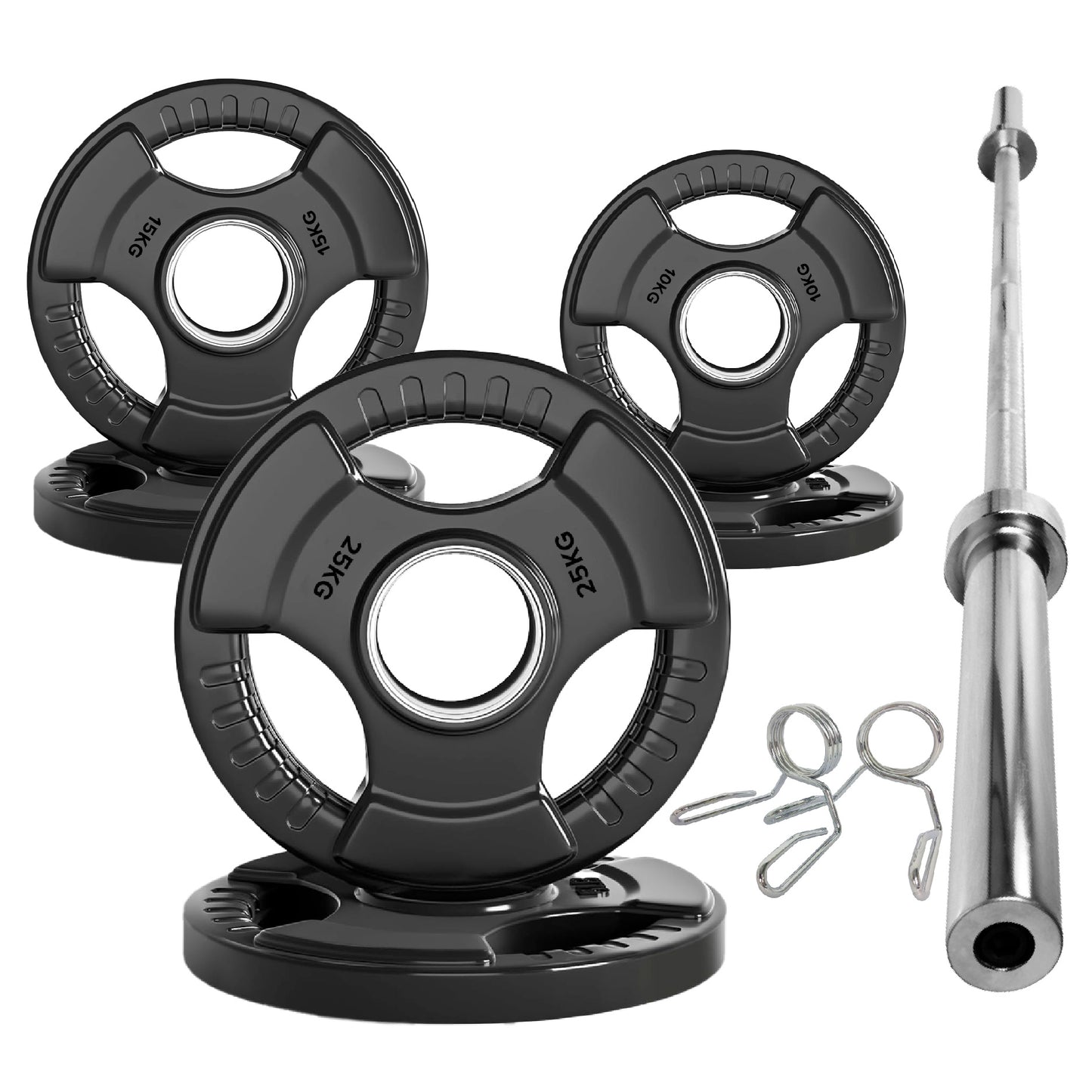 Tri-Grip Olympic Weight Plates – Black Rubber-Coated Cast Iron with 2" Hole – Ergonomic & Durable – Ideal for Strength Training, CrossFit & Home Gyms