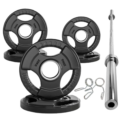 Tri-Grip Olympic Weight Plates – Black Rubber-Coated Cast Iron with 2" Hole – Ergonomic & Durable – Ideal for Strength Training, CrossFit & Home Gyms