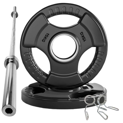 Tri-Grip Olympic Weight Plates – Black Rubber-Coated Cast Iron with 2" Hole – Ergonomic & Durable – Ideal for Strength Training, CrossFit & Home Gyms