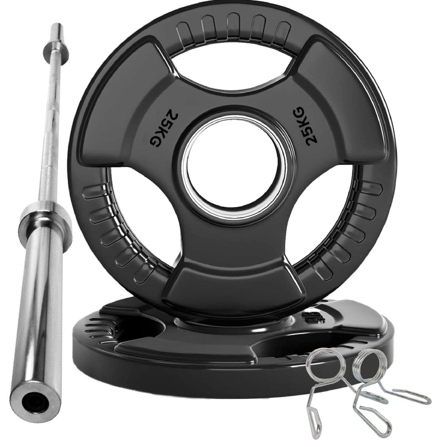Tri-Grip Olympic Weight Plates – Black Rubber-Coated Cast Iron with 2" Hole – Ergonomic & Durable – Ideal for Strength Training, CrossFit & Home Gyms