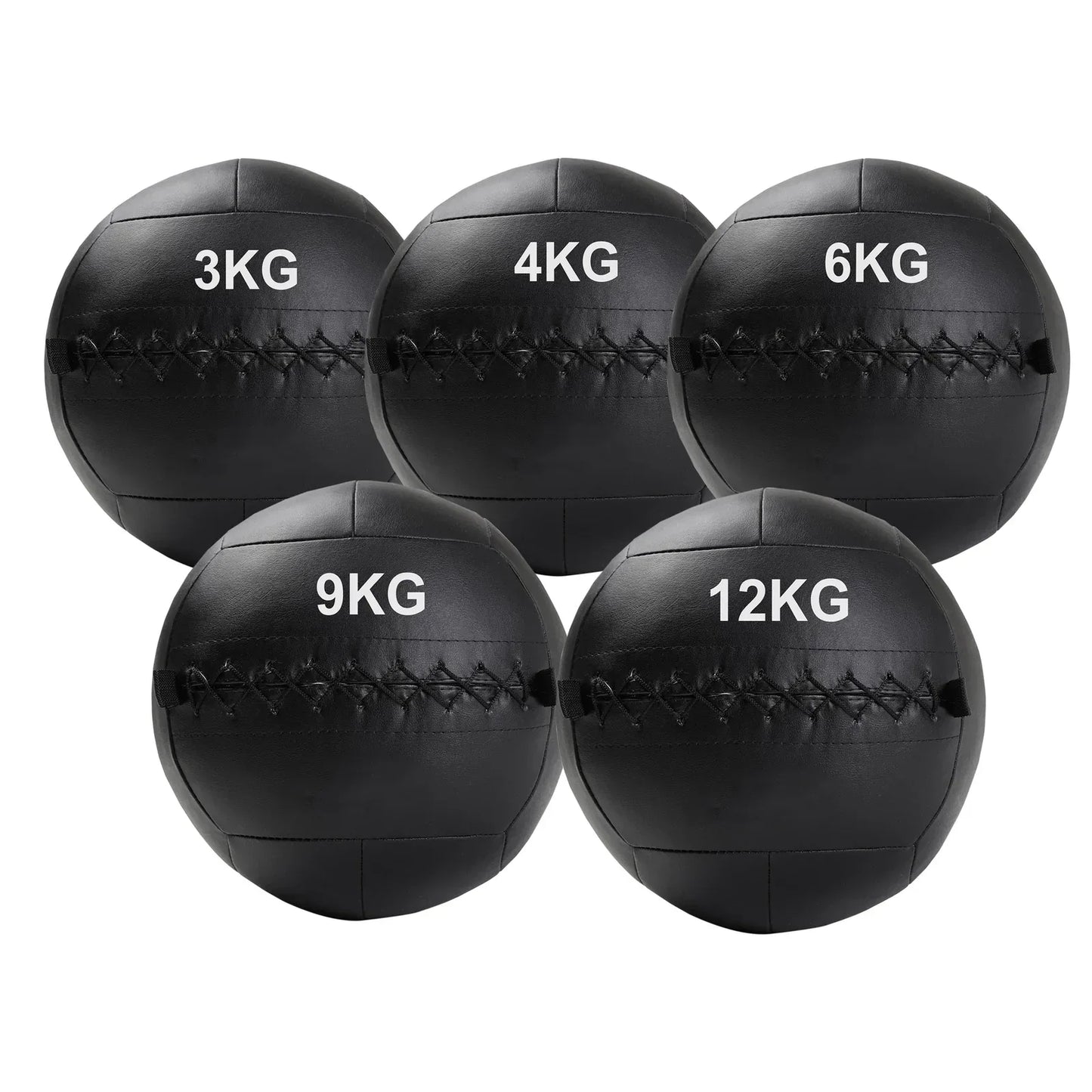 Set of five black weighted medicine balls with weight markings on a white background