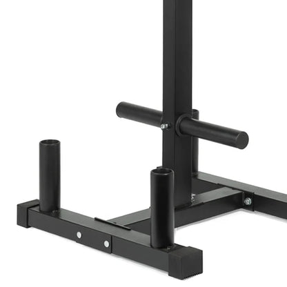 Black metal squat rack on a white background