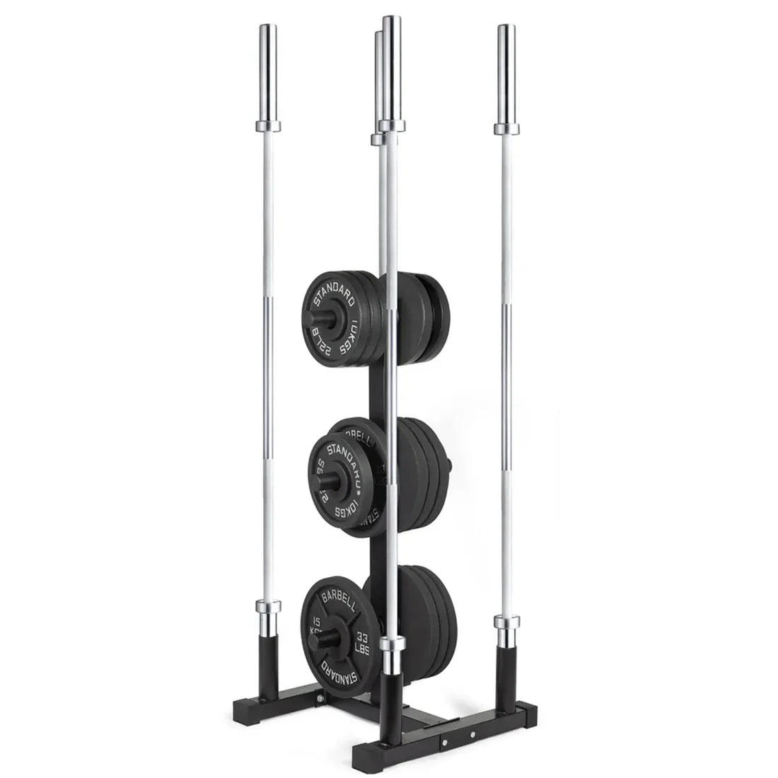 Barbell with weight plates on a stand against a white background