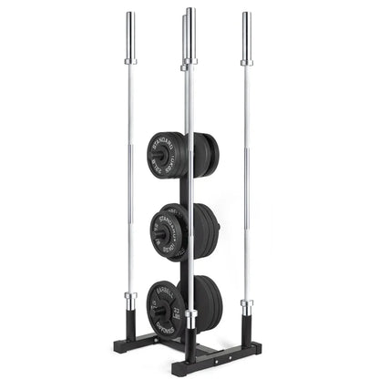 Barbell with weight plates on a stand against a white background
